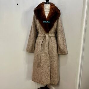 ELEGANT WOOL MIX WRAP COAT WITH MINK COLLAR Size 11-12